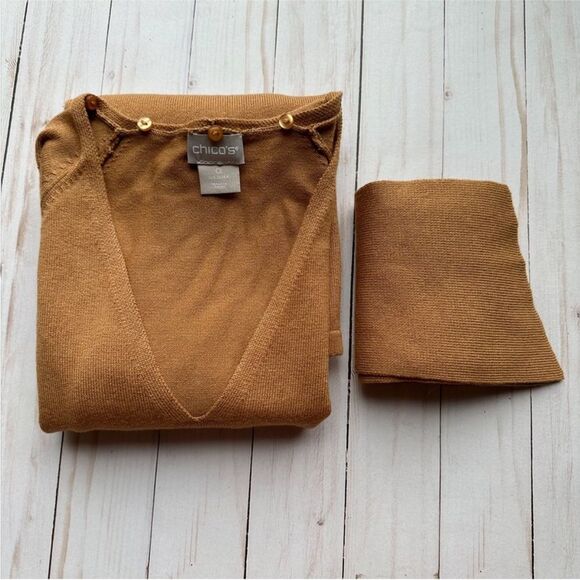 Chico's S Removable Neck Scarf English Toffee Brown Tie Neck Pullover Sweater - Picture 14 of 14